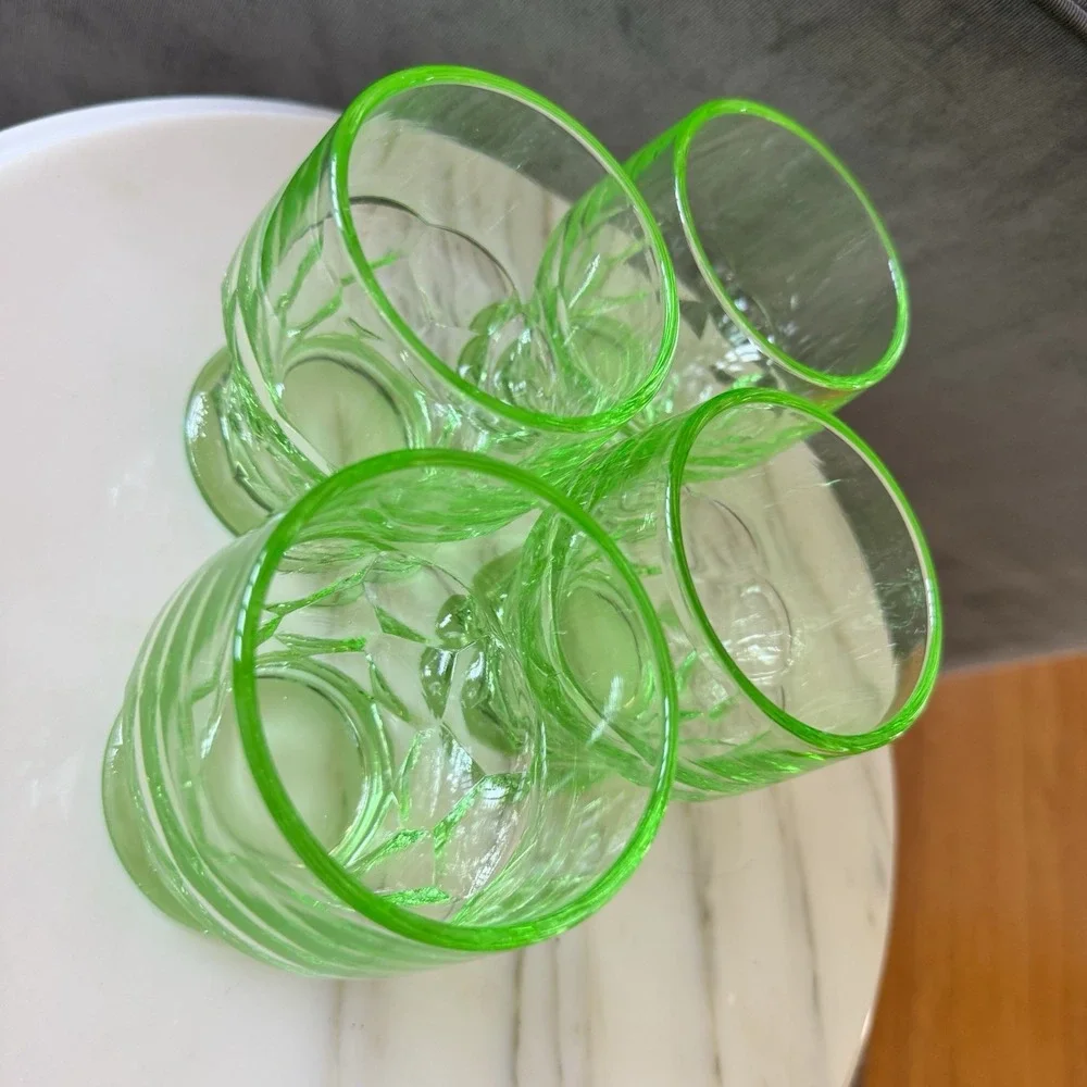 4 - Vintage Green Vaseline Uranium Glass Tumbler Honeycomb Georgian Cambridge